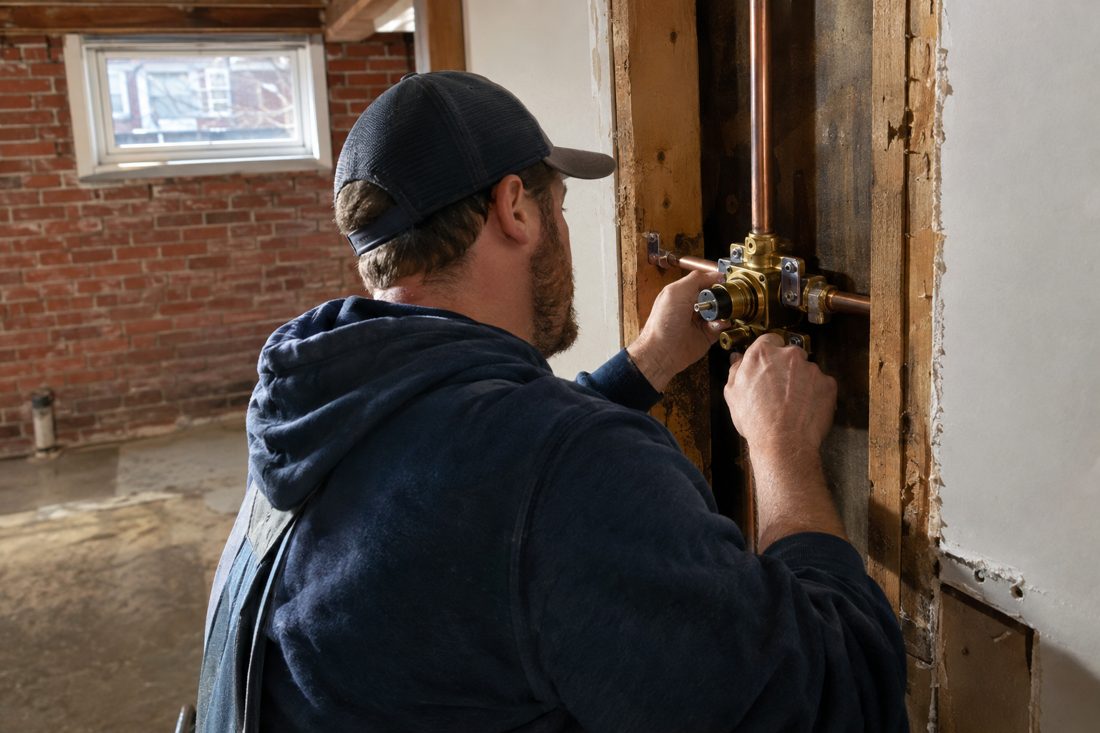 A plumber installing a new shower valve in an open wall at a red-brick Cincinnati home with a basement in Cincinnati, OH
