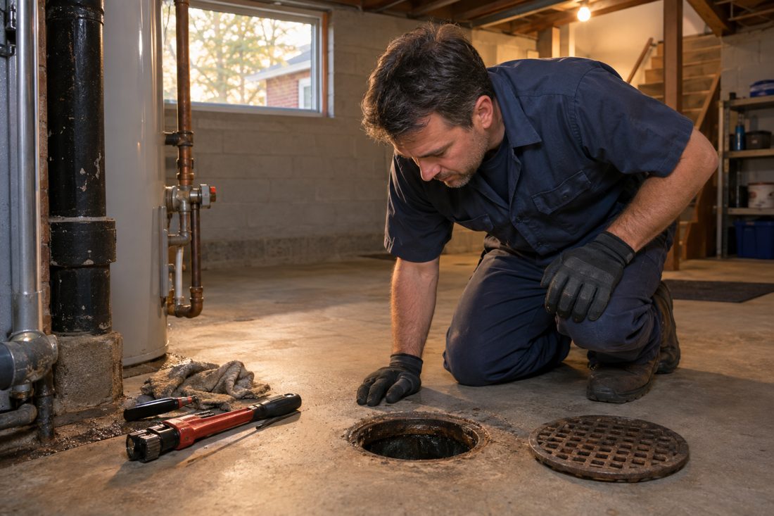 Close view of a plumber examining a basement floor drain in a postwar brick ranch, with tools beside the open drain in College Hill, OH